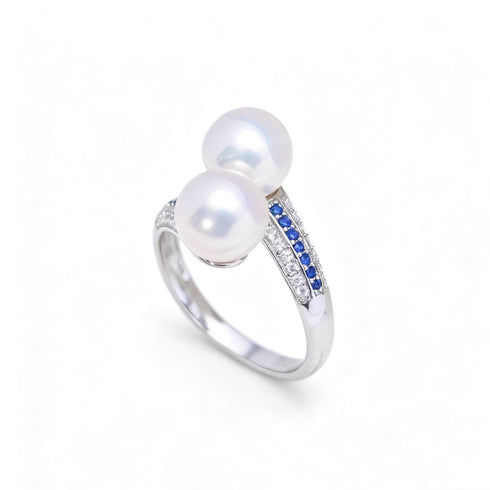 Dual Pearls Blue Zirconia Cross Ring - Sterling Silver